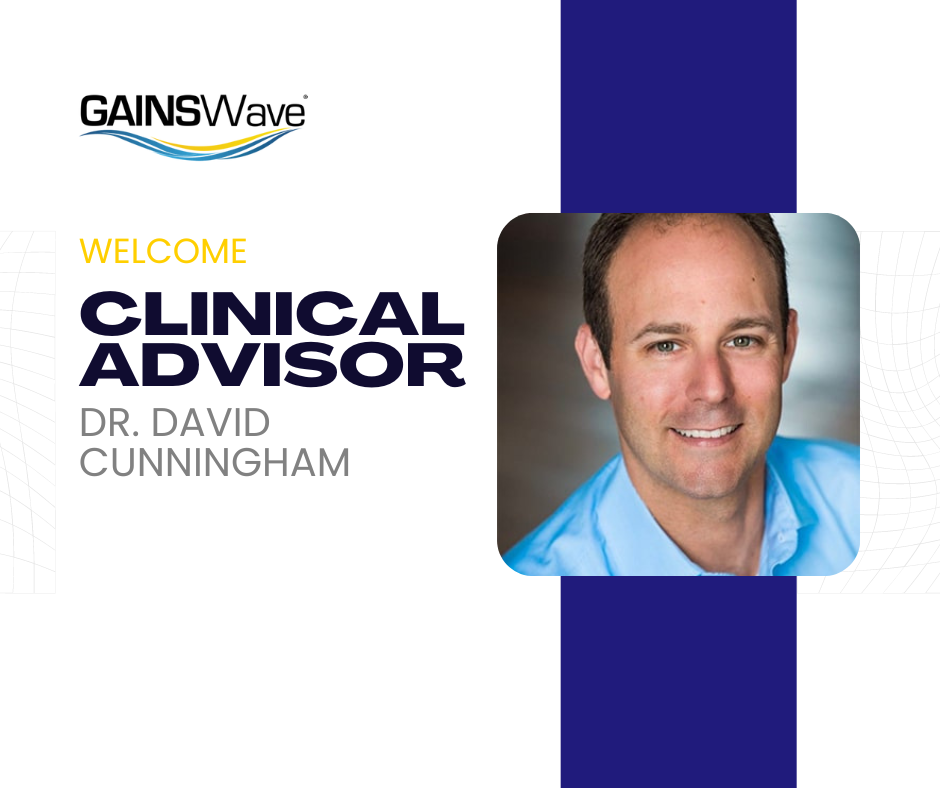 GAINSWave image with headshot of Dr. David Cunningham with text welcoming him as a new GAINSWave clinical advisor - GAINSWave